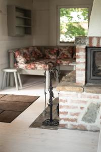 a living room with a fireplace and a couch at Alpejska Szarotka in Nowe Bystre
