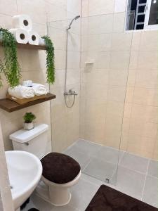 a bathroom with a shower with a toilet and a sink at Alojamiento en Miches in Miches