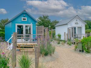a blue and white tiny house in a garden at Seaside Blue in Ellemeet