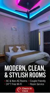 a poster of a bedroom with a bed and a purple light at Hotel Vanilla inn sarkanda in Bilāspur