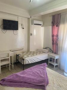 a bedroom with two beds and a flat screen tv at Hôtel Dar Massmoudi in Tunis