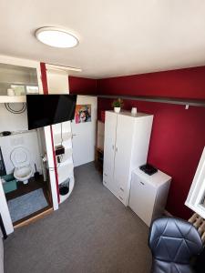 a room with red walls and a bathroom with a toilet at Nyon Red room in Nyon
