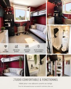 a collage of photos of a living room with red walls at Nyon Red room in Nyon