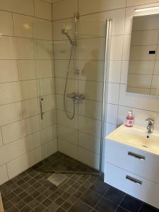 a bathroom with a shower and a sink at The Angler's House in Ballstad