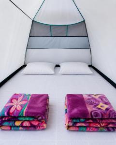a tent with two blankets and pillows in it at Zion Campsite in Ziro