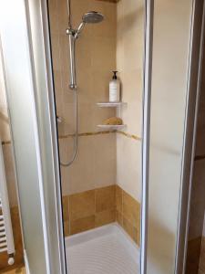 a shower with a glass door in a bathroom at APPARTAMENTO ROEN - Val di Non in Cavareno +21 photos