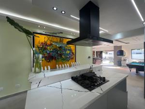 a kitchen with a stove and a painting on the wall at Villa Donatella Bonao in Bonao
