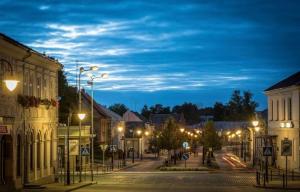 a city street at night with buildings and street lights at Crown Apartment Secret Corner in Ukmergė +5 photos