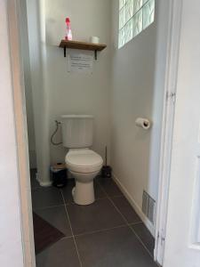 a bathroom with a toilet and a shelf on the wall at Le logis de la Marina in Calais