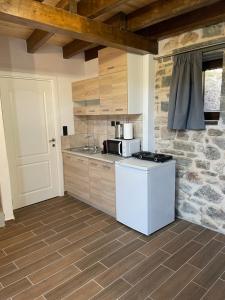 a kitchen with a white refrigerator and a counter at Mesovouni Stone Suites 1 in Mesovounion-Zagori