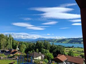 a view of a lake and mountains from a house at Jungle Dream in Hitzkirch