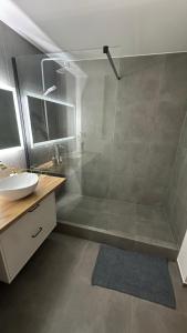 a bathroom with a shower and a sink at Peaceful haven in Liepāja