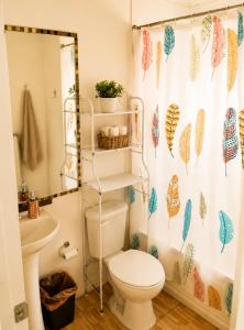 a bathroom with a toilet and a shower curtain with feathers at Del sol 2 in La Boca +15 photos