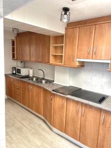 a kitchen with wooden cabinets and a sink at San Roque 7 in Archidona