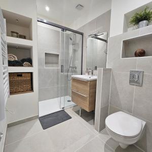 a bathroom with a shower and a toilet and a sink at Le 3Bis studio charmant proche Cap d'Agde in Bessan +14 photos