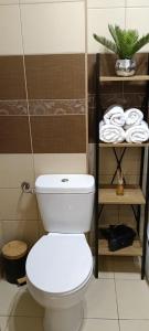 a bathroom with a toilet and a shelf of towels at Apartament w centrum in Biskupiec +16 photos