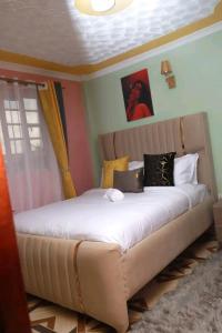 a bedroom with a large bed with pillows on it at Bulleys BNB in Thika