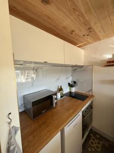 a small kitchen with a microwave and a counter at Appartement Duplex Mezzanine Station Ski Valberg in Péone