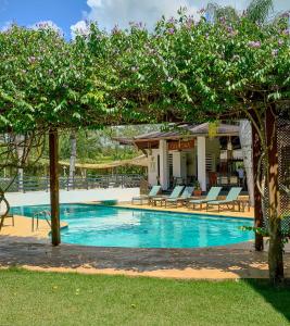 a swimming pool with chairs and trees in a yard at Hideaway in Paradise in Juan Dolio