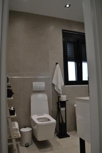 a bathroom with a toilet and a sink and a window at Vila 18 in Velipojë +22 photos