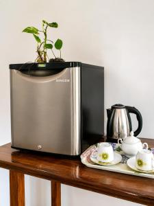 a microwave sitting on a table with a potted plant at Silver Tips Villa in Ella