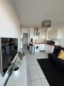 a living room and kitchen with a couch and a table at Le TAHITI in Frontignan +4 photos