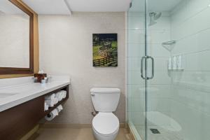 a bathroom with a toilet and a glass shower at Louisville Marriott East in Louisville +45 photos