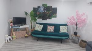 a living room with a green couch and a tv at Casa Alentejana in Mora