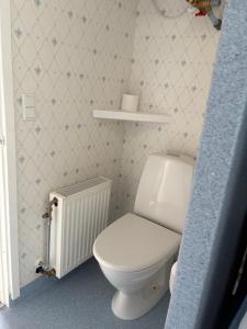 a small bathroom with a toilet and a radiator at Skuret Maribo in Maribo +5 photos