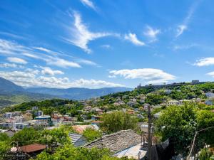 a view of a city with mountains in the background at Flowers House in Gjirokastër