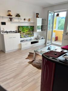 a kitchen with white cabinets and a tv on the wall at Appartement Landzeit im Waldviertel in Steinbach