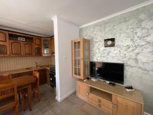 a kitchen with a tv on a wall at Mateo Apartment in Himare