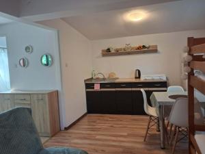 a kitchen with a sink and a table with chairs at Oleandria -,,Domek Jeżynka" nr 30 in Biskupiec