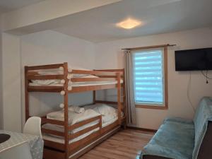 a room with two bunk beds and a television at Oleandria -,,Domek Jeżynka" nr 30 in Biskupiec