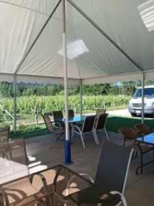 a tent with chairs and a table and a car at mountain glambing in Tappen