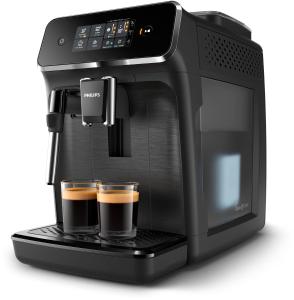 a black coffee maker with two cups of coffee at Apartamenty RETRO FV in Koszalin