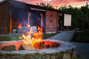 a fire pit in front of a house at Dedekov gaj in Oteš