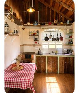 a kitchen with a table with a red and white checkered table cloth at Reserva Natural Aguaraguazu Cânion Guartelá in Tibagi
