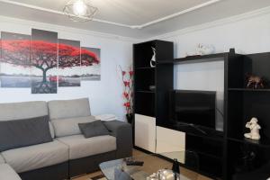 a living room with a couch and a tv at Casa Borboleta in Arco da Calheta