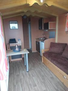 a small living room with a couch and a table at Comfortable roulotte Chèvres du Vermois in Burthecourt-aux-Chênes