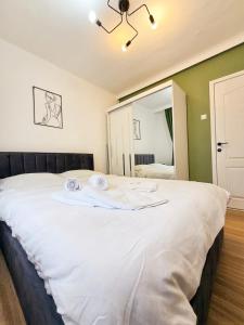 a large white bed in a room with a mirror at Cozy green apartament in Mediaş