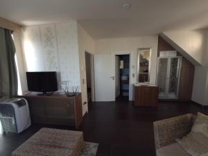 a living room with a couch and a television at Tihany Panoráma Apartman in Tihany