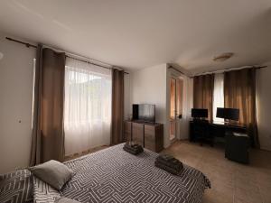 a bedroom with a bed and a television and a desk at Casa Di Pafcho - Balchik Villa Retreat in Balchik