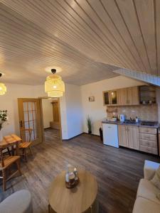 a living room with a wooden ceiling and a kitchen at LS Apartments Štefanová in Terchová
