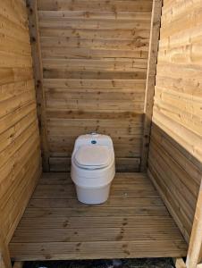 a bathroom with a toilet in a wooden room at Skyline cabin in Bugle