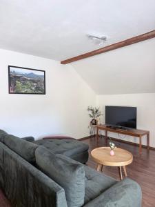 a living room with a couch and a table at Hřensko 27 Apartmány in Hřensko