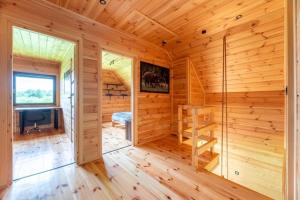 a log cabin with a television and a ladder in a room at Leśny Wyraj in Borsuki +17 photos