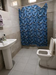 a bathroom with a toilet and a shower curtain at جرش in Dayr al Līyāt +13 photos