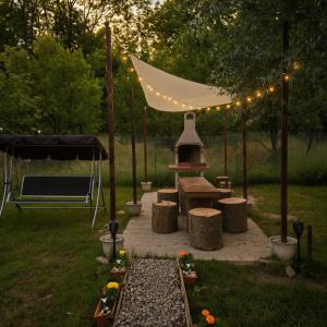 a backyard with a picnic table and a tent at Casa de vacanta La Tataie in Plaiu