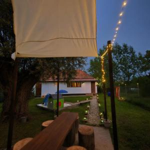 a table and benches in a yard with lights at Casa de vacanta La Tataie in Plaiu